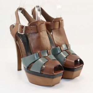 Marni Platform Sandals Womens 38 Brown Teal Leather Italian High Heels Luxury